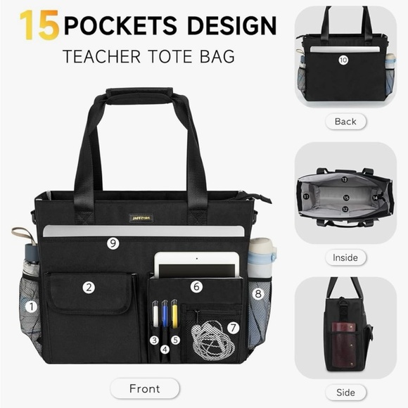 Black Tote Bag With Laptop Compartment, Large Utility Tote With 15 Pockets, Work - Picture 4 of 6